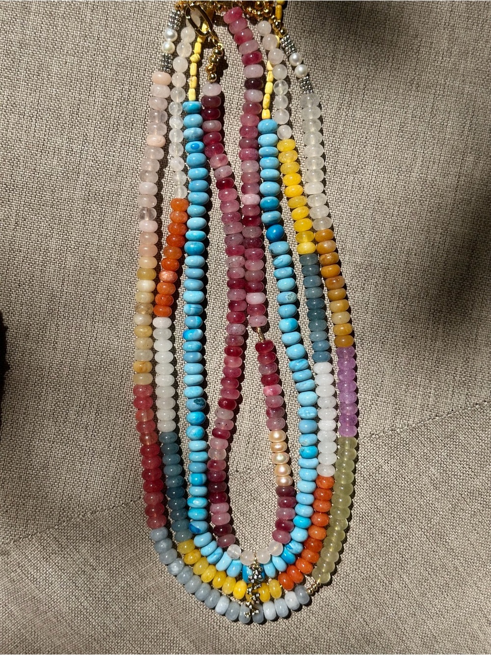 Crystal Pink Rose Quartz and Pearl Gradient Beaded Necklace w MAMA gold charm.